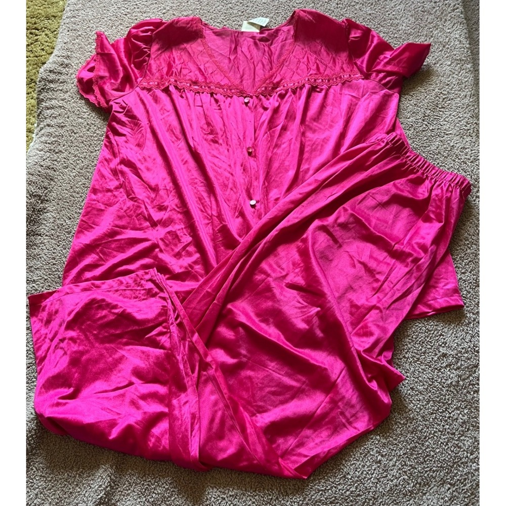 Adonna Hot Pink Satin Pajama Set XL Lace Trim Ruffle Button Front Made in USA
